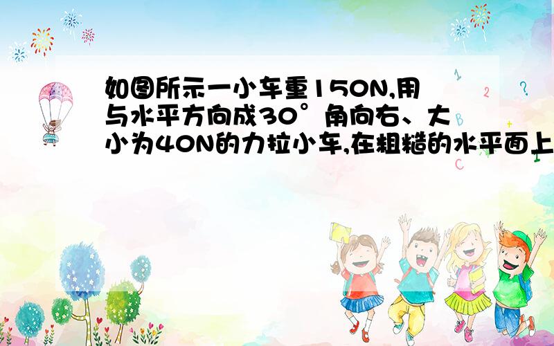 如图所示一小车重150N,用与水平方向成30°角向右、大小为40N的力拉小车,在粗糙的水平面上向右运动.画出它的受力情况!有没有摩擦力啊?滑动还是滚动摩擦呢?