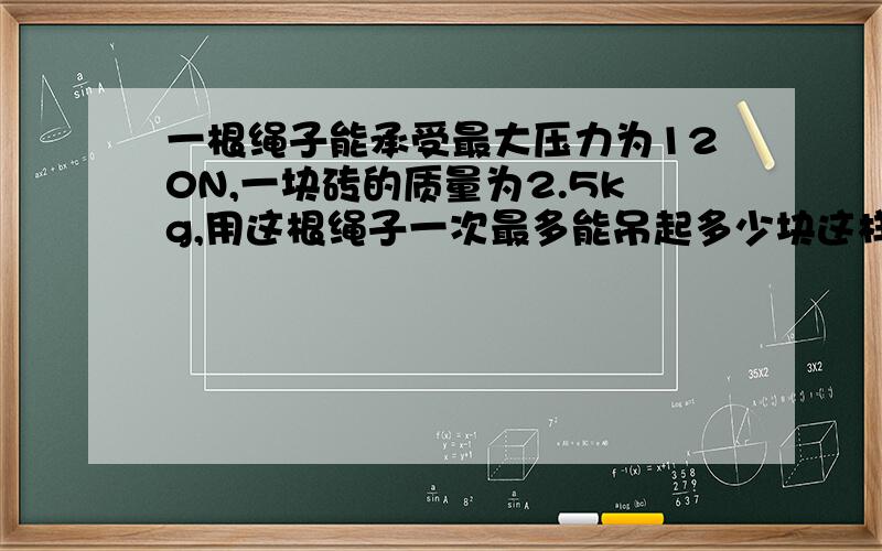 一根绳子能承受最大压力为120N,一块砖的质量为2.5kg,用这根绳子一次最多能吊起多少块这样的砖?