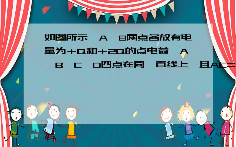 如图所示,A、B两点各放有电量为＋Q和＋2Q的点电荷,A、B、C、D四点在同一直线上,且AC=CD=DB.将一正电荷从C点沿直线移到D点,则( ).(2001年上海高考试题)(A)电场力一直做正功(B)电场力先做正功再做