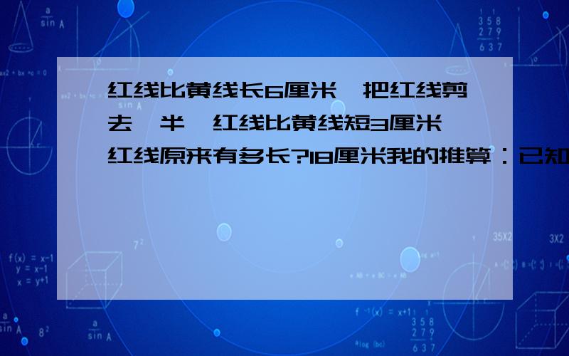 红线比黄线长6厘米,把红线剪去一半,红线比黄线短3厘米,红线原来有多长?18厘米我的推算：已知：未知数x,y；已知数a,b令：x-y=a,y-0.5x=b求：x,yx=（a+b）*2,y=a+b*2代入原题：红线=（6+3）*2=18,黄线=6