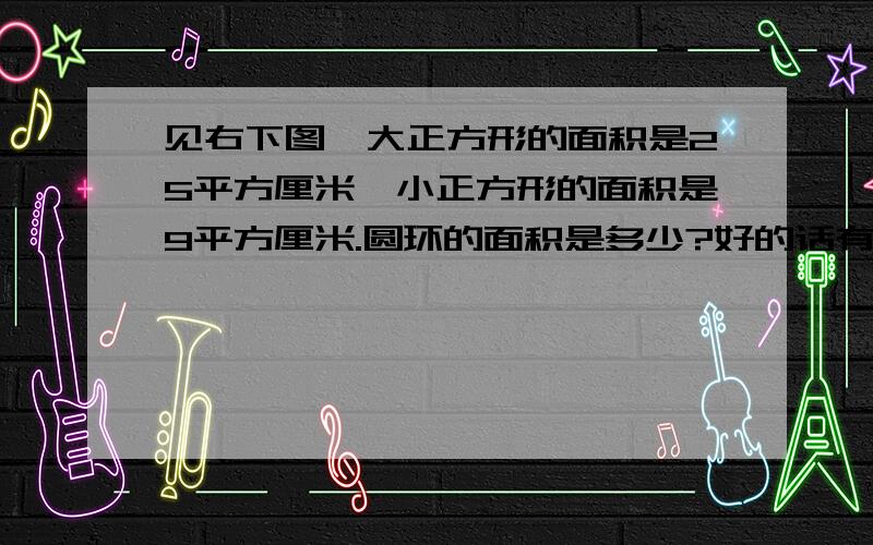 见右下图,大正方形的面积是25平方厘米,小正方形的面积是9平方厘米.圆环的面积是多少?好的话有分