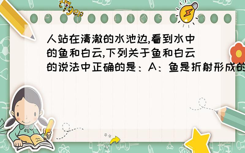 人站在清澈的水池边,看到水中的鱼和白云,下列关于鱼和白云的说法中正确的是：A：鱼是折射形成的实像,云是反射形成的虚像B:鱼是折射形成的虚像,云是反射形成的实像C：鱼是折射形成的