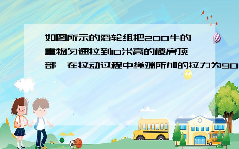 如图所示的滑轮组把200牛的重物匀速拉到10米高的楼房顶部,在拉动过程中绳端所加的拉力为90牛,已知动滑轮重50N,求：总攻、有用功、额外功、克服动滑轮重所作的功、克服摩擦所做的功、机