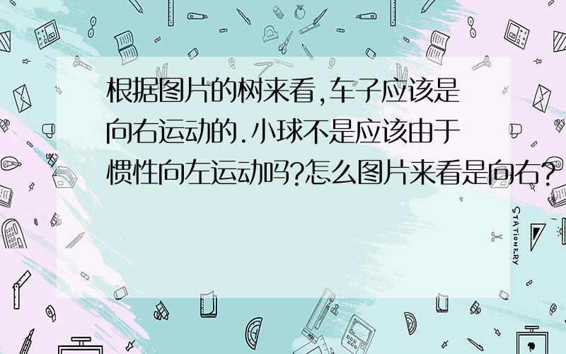 根据图片的树来看,车子应该是向右运动的.小球不是应该由于惯性向左运动吗?怎么图片来看是向右?