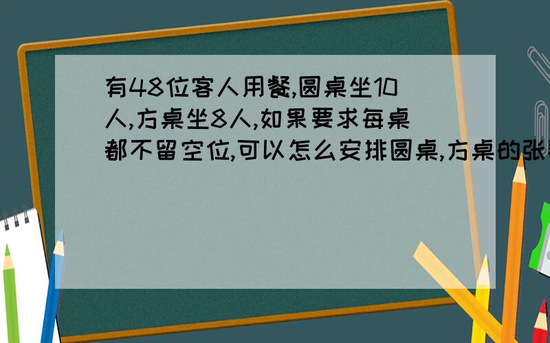 有48位客人用餐,圆桌坐10人,方桌坐8人,如果要求每桌都不留空位,可以怎么安排圆桌,方桌的张数,请在下表中设计2种方案出来?