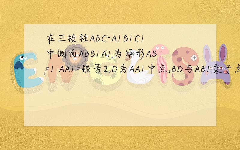 在三棱柱ABC-A1B1C1中侧面ABB1A1为矩形AB=1 AA1=根号2,D为AA1中点,BD与AB1交于点O,CO垂直于侧面ABB1A1（1）证明：BC垂直于AB1 （2）若CO=OA,求三棱锥B1-ABC的体积