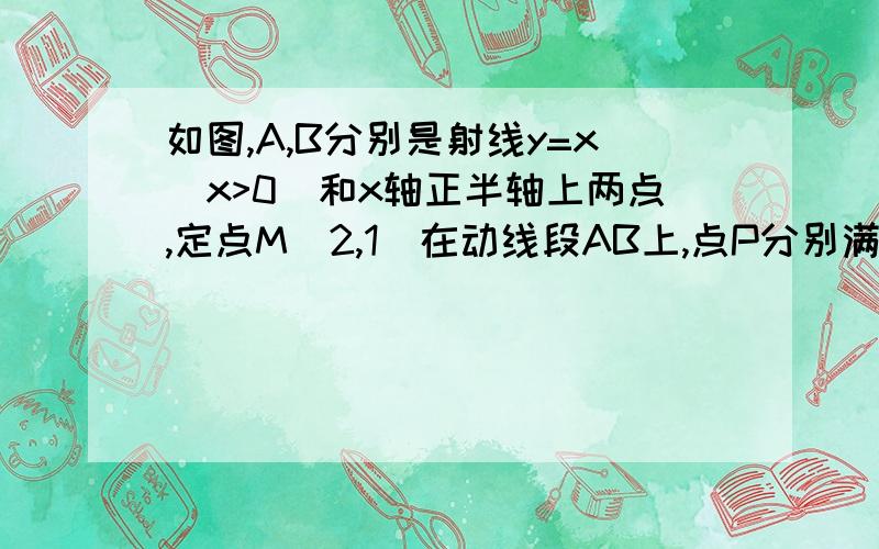 如图,A,B分别是射线y=x(x>0)和x轴正半轴上两点,定点M(2,1)在动线段AB上,点P分别满足 向量AP=2向量BP求点P的轨迹方程