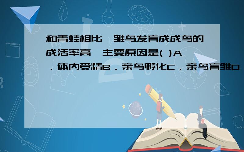 和青蛙相比,雏鸟发育成成鸟的成活率高,主要原因是( )A．体内受精B．亲鸟孵化C．亲鸟育雏D．亲鸟筑巢