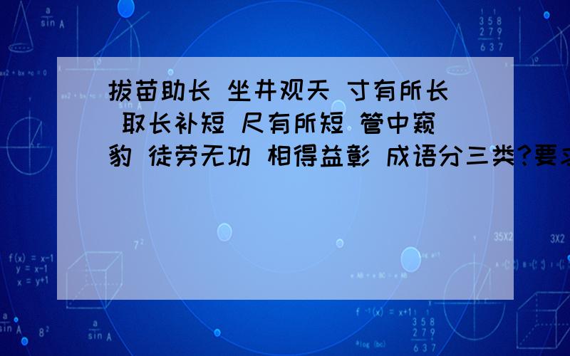 拔苗助长 坐井观天 寸有所长 取长补短 尺有所短 管中窥豹 徒劳无功 相得益彰 成语分三类?要求分类