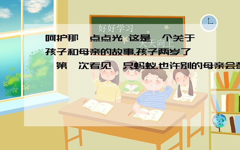 呵护那一点点光 这是一个关于孩子和母亲的故事.孩子两岁了,第一次看见一只蚂蚁.也许别的母亲会鼓励她的孩子去一脚踩死那只蚂蚁来锻炼他的胆量.可是这个母亲却柔声地对他说：“儿子,