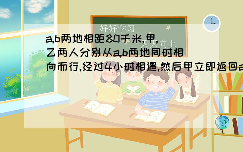 a,b两地相距80千米,甲,乙两人分别从a,b两地同时相向而行,经过4小时相遇,然后甲立即返回a地,乙继续前进,当甲到达a地时,乙离a地还有16千米,求甲,