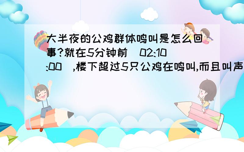 大半夜的公鸡群体鸣叫是怎么回事?就在5分钟前（02:10:00）,楼下超过5只公鸡在鸣叫,而且叫声特别奇怪,还听到很多人在说话,但是3分钟后什么都没了,现在我听到远处家家户户的公鸡都在鸣叫.