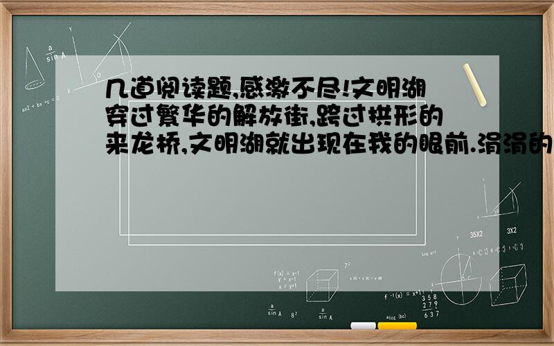 几道阅读题,感激不尽!文明湖穿过繁华的解放街,跨过拱形的来龙桥,文明湖就出现在我的眼前.涓涓的龙泉水汇集在这里.湖水一年四季总是满满的,清清的.这时,微风吹来,湖面泛起了鱼鳞似的波