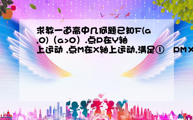 求教一道高中几何题已知F(a,0)（a>0）.点P在Y轴上运动 ,点M在X轴上运动,满足①PM×PF=0②PN+(1/2)NM=0 （①②中PM PF PN MN都为向量）求N的轨迹方程