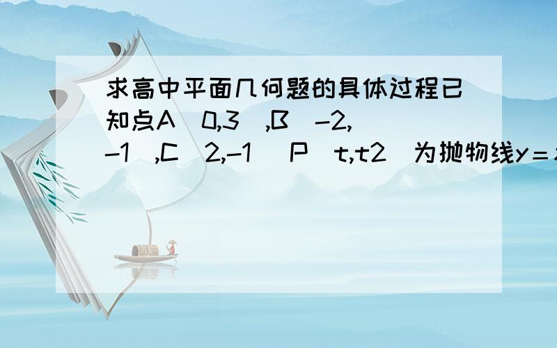 求高中平面几何题的具体过程已知点A(0,3),B(-2,-1),C(2,-1) P(t,t2)为抛物线y＝x2上位于三角形ABC内（包括边界）的一动点,BP所在的直线交AC于E,CP所在的直线交AB于F.将 BF/CE 表示为自变量t的函数