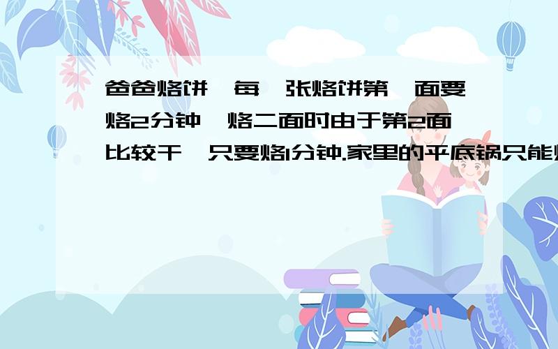 爸爸烙饼,每一张烙饼第一面要烙2分钟,烙二面时由于第2面比较干,只要烙1分钟.家里的平底锅只能烙2张饼爸爸烙了15张饼,爸爸最少烙了几分钟?