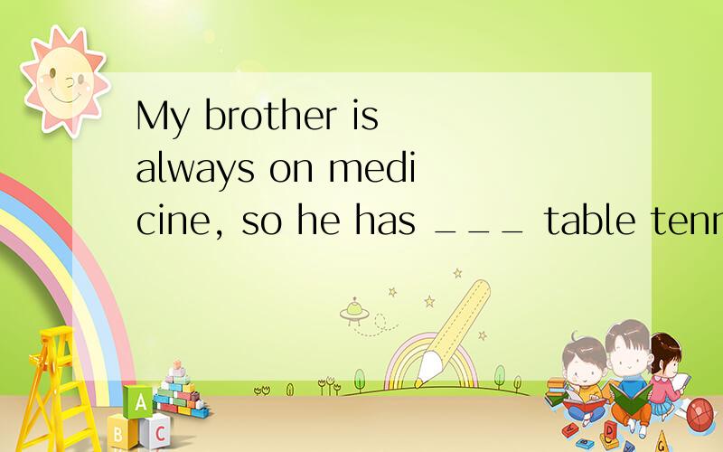 My brother is always on medicine, so he has ___ table tennis to keep fit.A. taken up B. built up C. made up D. held up