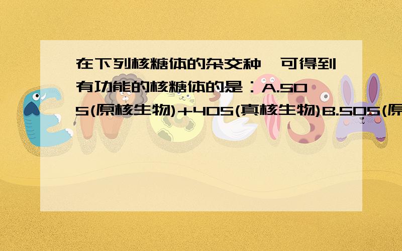 在下列核糖体的杂交种,可得到有功能的核糖体的是：A.50S(原核生物)+40S(真核生物)B.50S(原核生物)+30S(线粒体)C.60S(真核生物)+30S(原核生物)D.60S(原核生物)+30S(线粒体)多选1-4个选项,并附上解释.