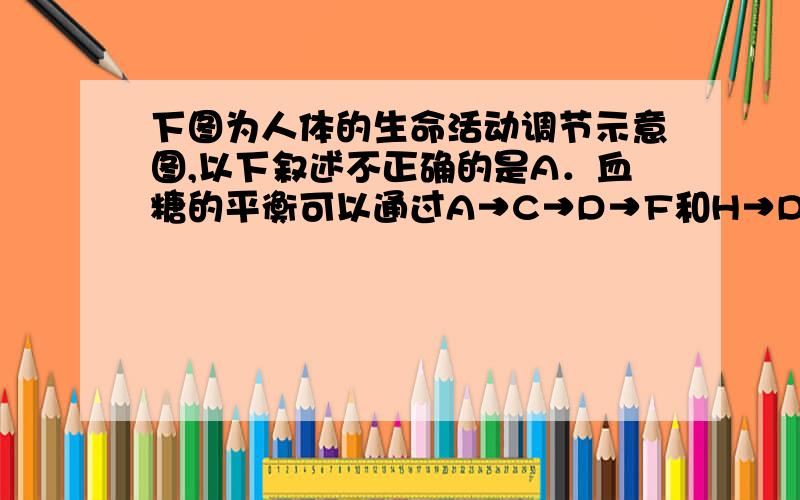 下图为人体的生命活动调节示意图,以下叙述不正确的是A．血糖的平衡可以通过A→C→D→F和H→D→F途径进行调节B．处于炎热环境中可通过A→B途径使散热大于产热C．G过程可表示甲状腺激素