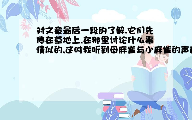 对文章最后一段的了解.它们先停在草地上,在那里讨论什么事情似的,这时我听到母麻雀与小麻雀的声音竟不相同,母麻雀的声音略为沙哑.然后,我看见母麻雀一跃而起,向不远的开满管芒花的芒