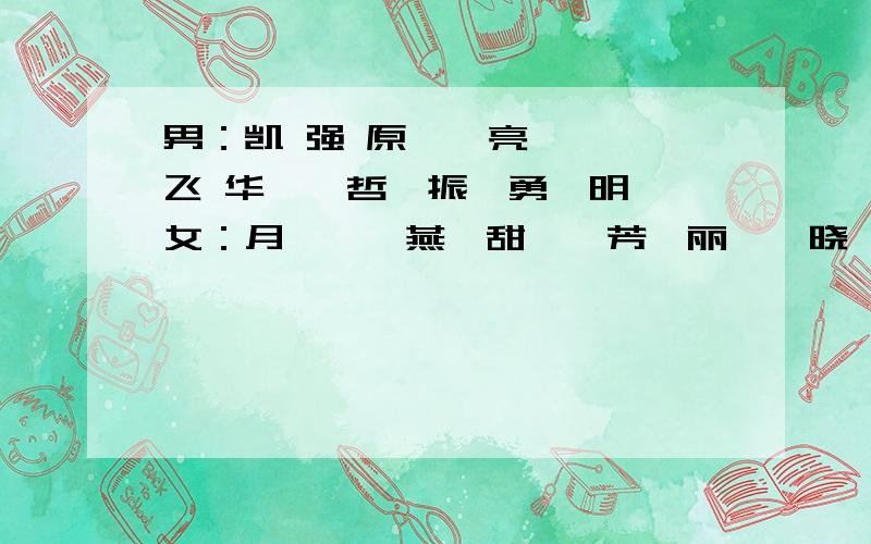 男：凯 强 原 钊 亮 磊 飞 华 尧 哲　振　勇　明　女：月　婷　燕　甜　　芳　丽　　晓　悦　敏　珊　莹