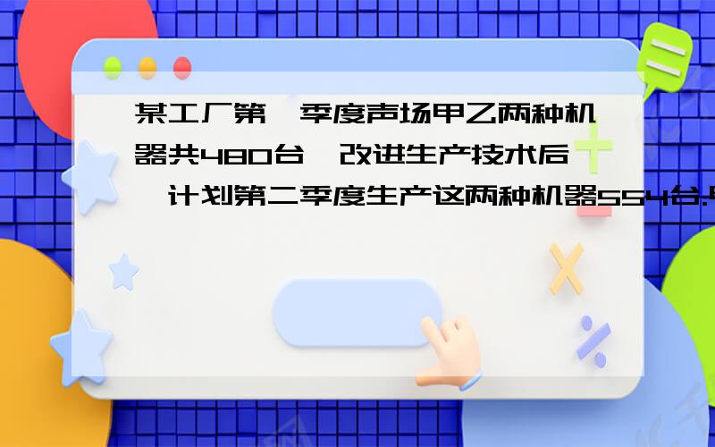 某工厂第一季度声场甲乙两种机器共480台,改进生产技术后,计划第二季度生产这两种机器554台.甲种机器产量要比第一季度增产百分之10,乙种机器生产要比第一季度增产百分之20,该厂第一季度