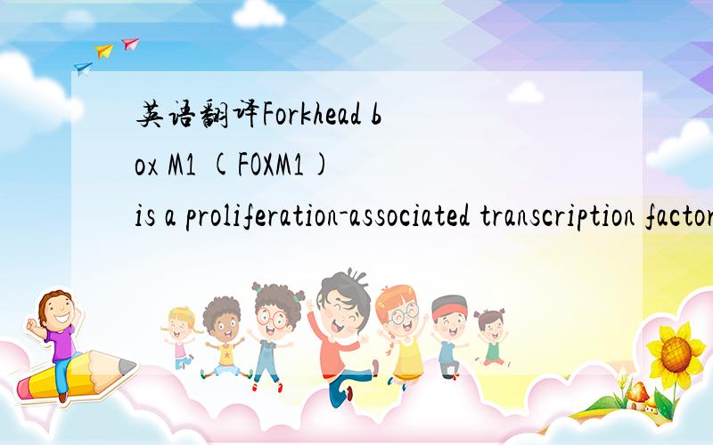 英语翻译Forkhead box M1 (FOXM1) is a proliferation-associated transcription factoressential for cell cycle progression.Numerous studies have documented that FOXM1has multiple functions in tumorigenesis and its elevated levels are frequentlyassoci