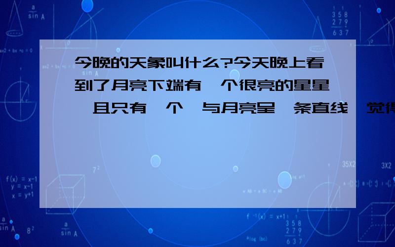 今晚的天象叫什么?今天晚上看到了月亮下端有一个很亮的星星,且只有一个,与月亮呈一条直线,觉得挺美的,活了二十多年都没注意到过,象在画里的一样,请问这样的天象叫什么?