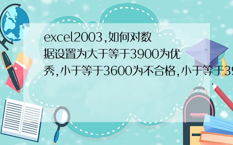 excel2003,如何对数据设置为大于等于3900为优秀,小于等于3600为不合格,小于等于39