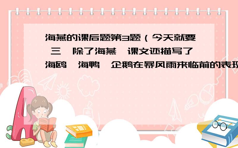 海燕的课后题第3题（今天就要 三、除了海燕,课文还描写了海鸥、海鸭、企鹅在暴风雨来临前的表现.请你想像一下,海燕在海上振翅飞翔时会有什么想法,它对海鸥、海鸭、企鹅会说些什么,试