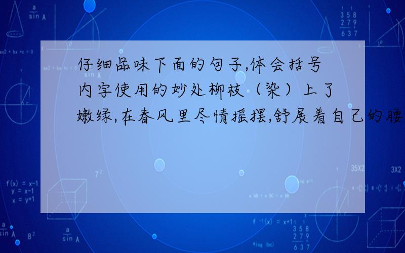 仔细品味下面的句子,体会括号内字使用的妙处柳枝（染）上了嫩绿,在春风里尽情摇摆,舒展着自己的腰身.笑过之后,每个学生心理都（泛）起一股酸涩的感情.他脸上（漾）出的那甜蜜的笑,使