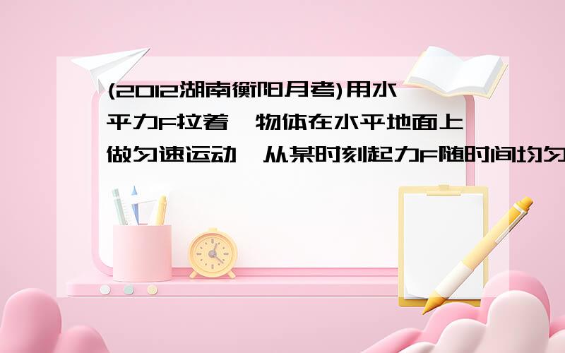 (2012湖南衡阳月考)用水平力F拉着一物体在水平地面上做匀速运动,从某时刻起力F随时间均匀减小,物体所受的摩擦力 随时间t变化如图中实线所示,下列说法正确的是(    )