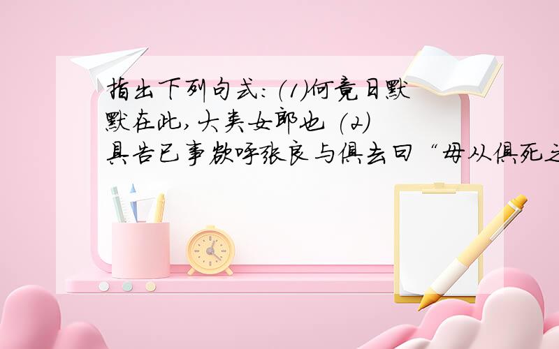 指出下列句式：（1）何竟日默默在此,大类女郎也 (2) 具告已事欲呼张良与俱去曰“母从俱死之”