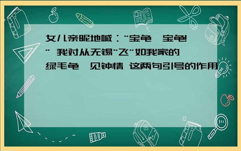 女儿亲昵地喊：“宝龟,宝龟!” 我对从无锡“飞”如我家的绿毛龟一见钟情 这两句引号的作用