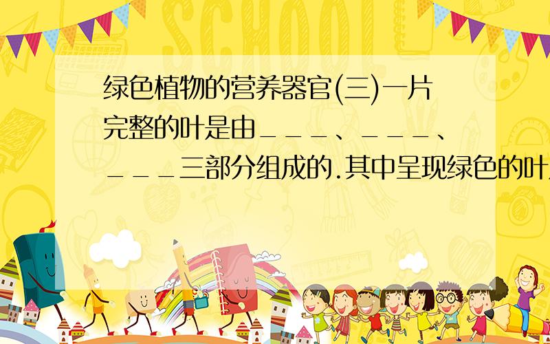 绿色植物的营养器官(三)一片完整的叶是由___、___、___三部分组成的.其中呈现绿色的叶片有利于接受阳光的照射,____起支持和连接作用