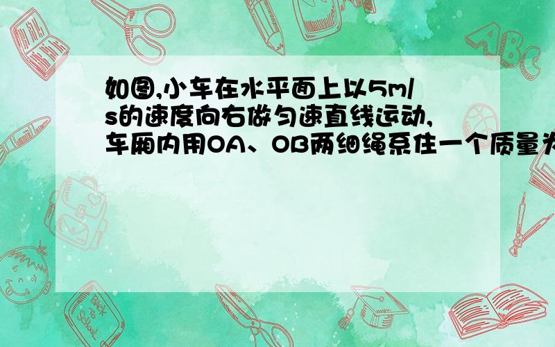 如图,小车在水平面上以5m/s的速度向右做匀速直线运动,车厢内用OA、OB两细绳系住一个质量为2kg的物体,OA与竖直方向夹角为θ=37°,OB是水平的.后来小车改做匀减速运动,并经1．25m的位移停下来,