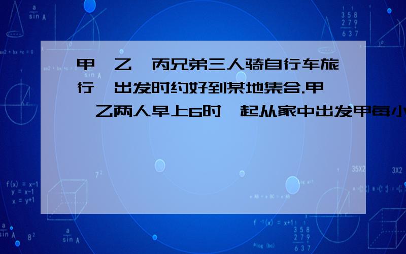 甲、乙、丙兄弟三人骑自行车旅行,出发时约好到某地集合.甲、乙两人早上6时一起从家中出发甲每小时行15千米,乙每小时行12千米,丙因早上有事,到8时才从家里出发,下午18时,甲、丙同时到达