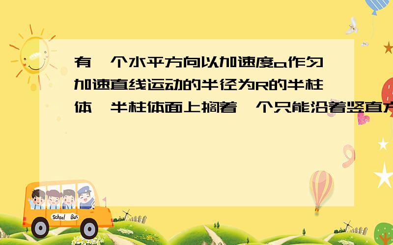 有一个水平方向以加速度a作匀加速直线运动的半径为R的半柱体,半柱体面上搁着一个只能沿着竖直方向运动的竖直杆,在半圆柱体速度为v时,杆同半圆柱体接触点和柱心的连线与竖直方向的夹