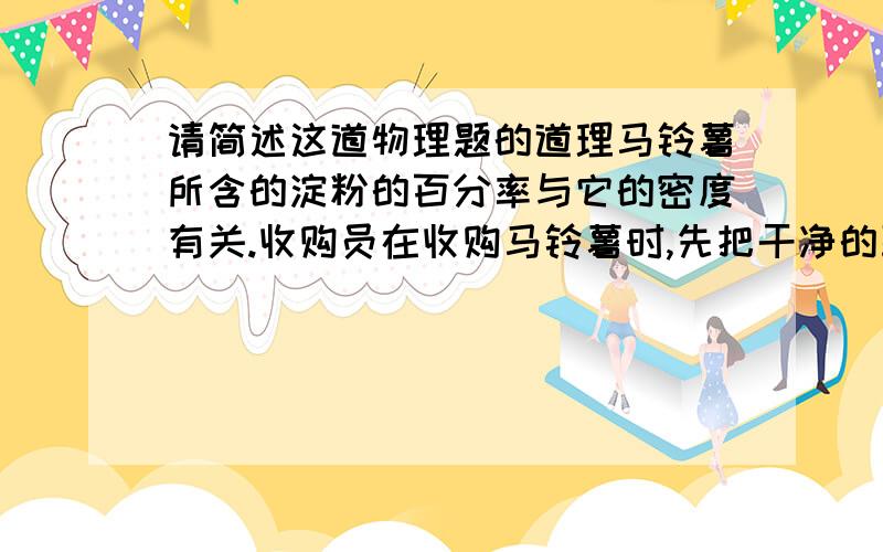 请简述这道物理题的道理马铃薯所含的淀粉的百分率与它的密度有关.收购员在收购马铃薯时,先把干净的取样马铃薯用弹簧秤称一称,然后再放到水里称一称,两次差值越小,他评的收购价就越