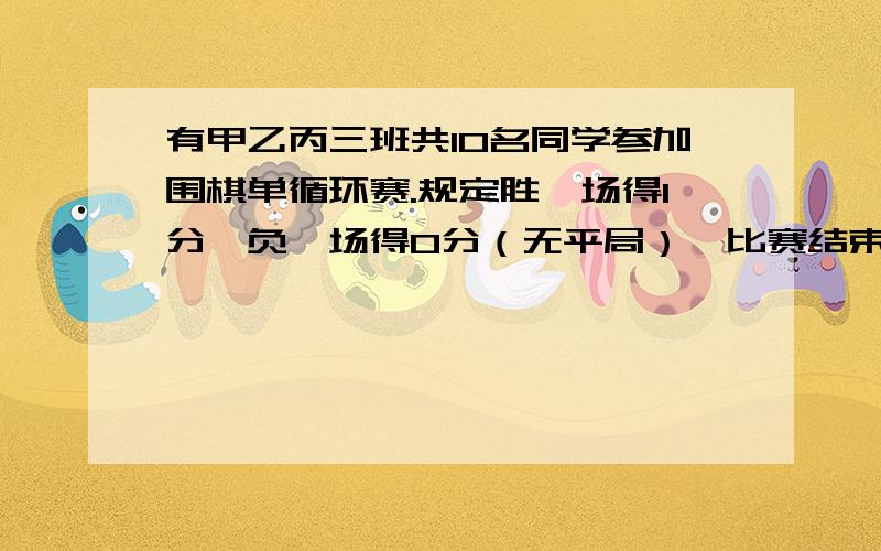 有甲乙丙三班共10名同学参加围棋单循环赛.规定胜一场得1分,负一场得0分（无平局）,比赛结束时甲班平均分9分,乙班平均分3.6分.问：丙班平均分是多少?