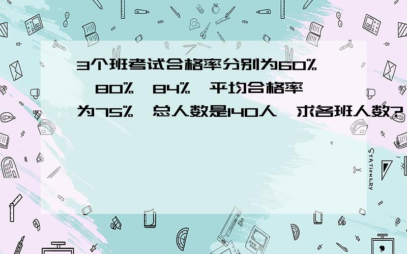 3个班考试合格率分别为60%、80%、84%,平均合格率为75%,总人数是140人,求各班人数?