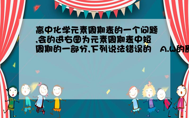 高中化学元素周期表的一个问题,会的进右图为元素周期表中短周期的一部分,下列说法错误的   A.W的原子序数可能是Y的两倍 B.单质的活泼性可能是 Y＞Z C.气态氢化物的稳定性 X＜Y  D.Y、W的最