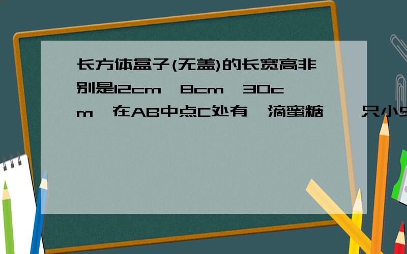 长方体盒子(无盖)的长宽高非别是12cm,8cm,30cm,在AB中点C处有一滴蜜糖,一只小虫虫D处爬到C出去吃,最短路程是?