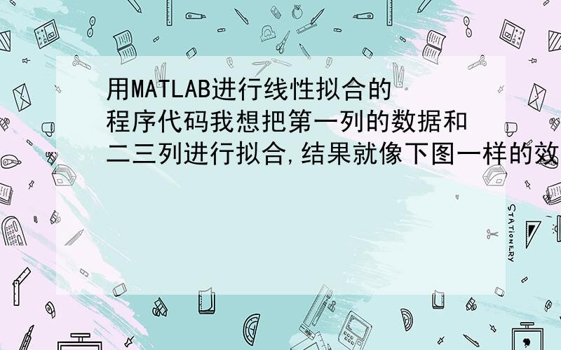 用MATLAB进行线性拟合的程序代码我想把第一列的数据和二三列进行拟合,结果就像下图一样的效果,还能知道它的拟合公式,第一条线用不同的颜色