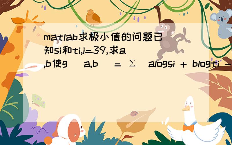 matlab求极小值的问题已知si和ti,i=39,求a,b使g (a,b) = Σ(alogsi + blogti - log50)^ 2的和最小