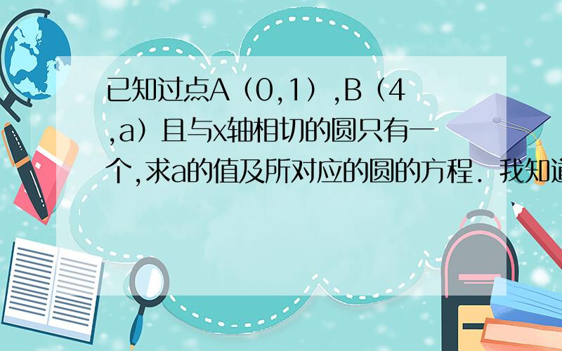 已知过点A（0,1）,B（4,a）且与x轴相切的圆只有一个,求a的值及所对应的圆的方程．我知道分两种情况,可我想知道这道题的思考切入点,为什么分两种情况?