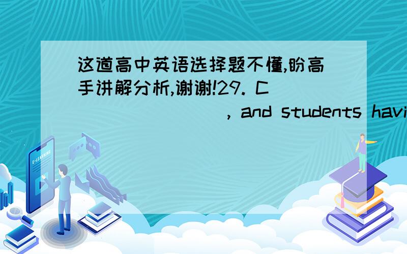 这道高中英语选择题不懂,盼高手讲解分析,谢谢!29. C________, and students having returned, the school will start with ________ effort in the work that lies before it.    A. The summer vacation is over; refreshing   B. As the summer v