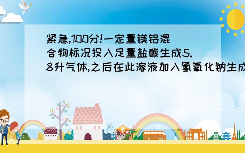 紧急,100分!一定量镁铝混合物标况投入足量盐酸生成5.8升气体,之后在此溶液加入氢氧化钠生成沉淀5.8克,求镁铝物质的量?都加的过量！