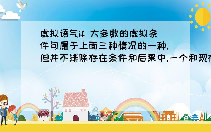 虚拟语气if 大多数的虚拟条件句属于上面三种情况的一种,但并不排除存在条件和后果中,一个和现在情况相反,另一个和过去情况相反,例如：If you had followed what the doctor said,you would not have been s