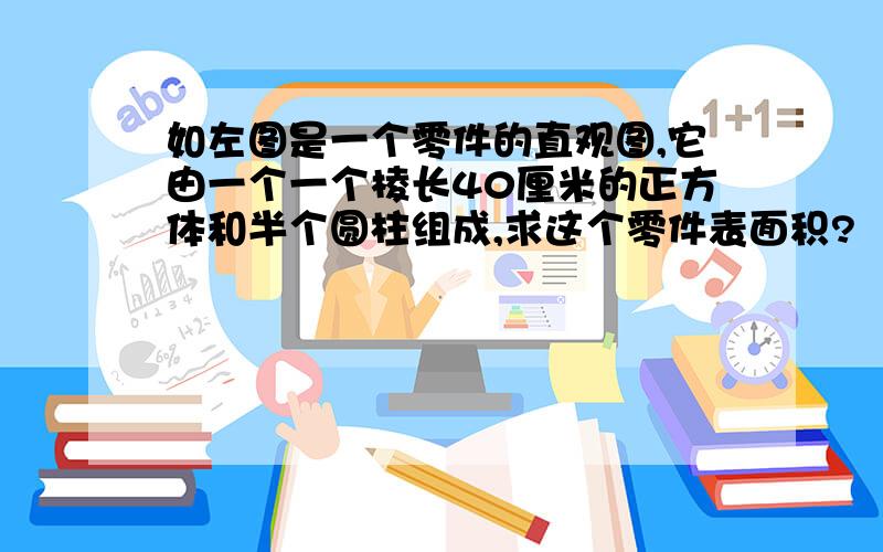 如左图是一个零件的直观图,它由一个一个棱长40厘米的正方体和半个圆柱组成,求这个零件表面积?